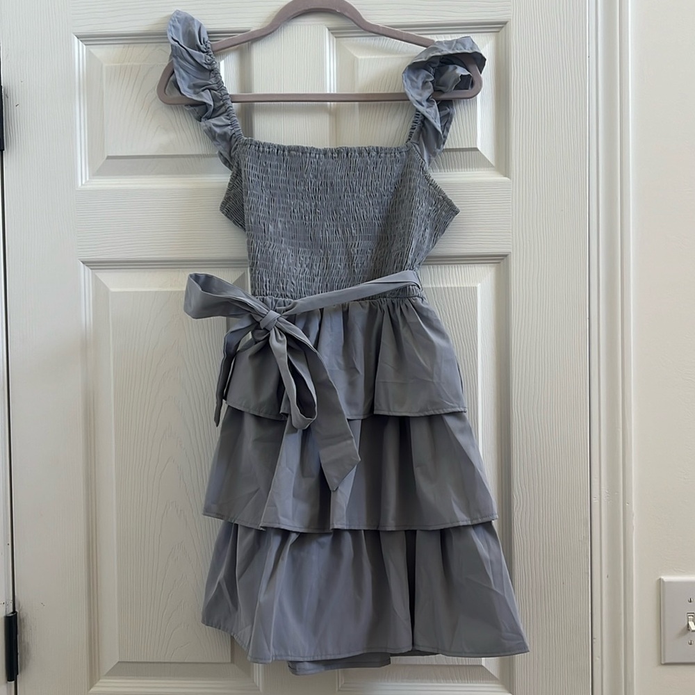 Blue smocked ruffle mini dress